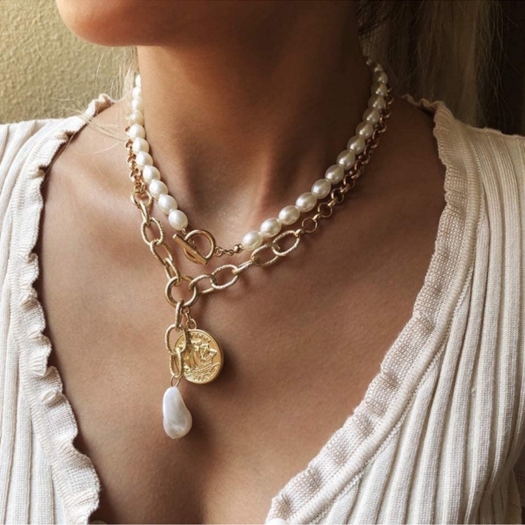 Layered Boho Necklace Charm Pearl 14k